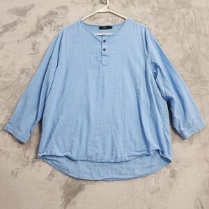 Thwei Top Mens L Blue Cotton Hemp Henley Roll Tab Sleeve Tunic Casual Boho